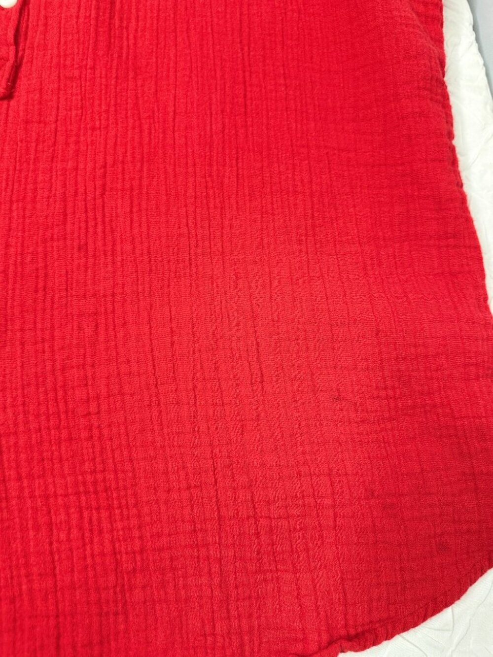 Quince Gauze Cotton Red Short Sleeve Blouse, Large Resort Minimalist Lagenlook - Picture 5 of 9